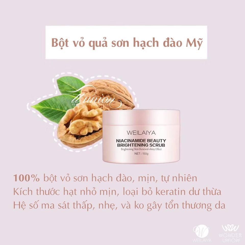 Tẩy tế bào chết body WEILAIYA NIACINAMIDE BEAUTY BRIGHTENING SCRUB da mềm mại trắng hồng 150g