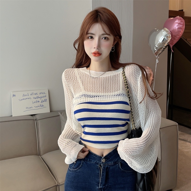 Set Áo Lửng Dài Tay Họa Tiết Kẻ Sọc + Quần Dài Thời Trang Dành Cho Nữ