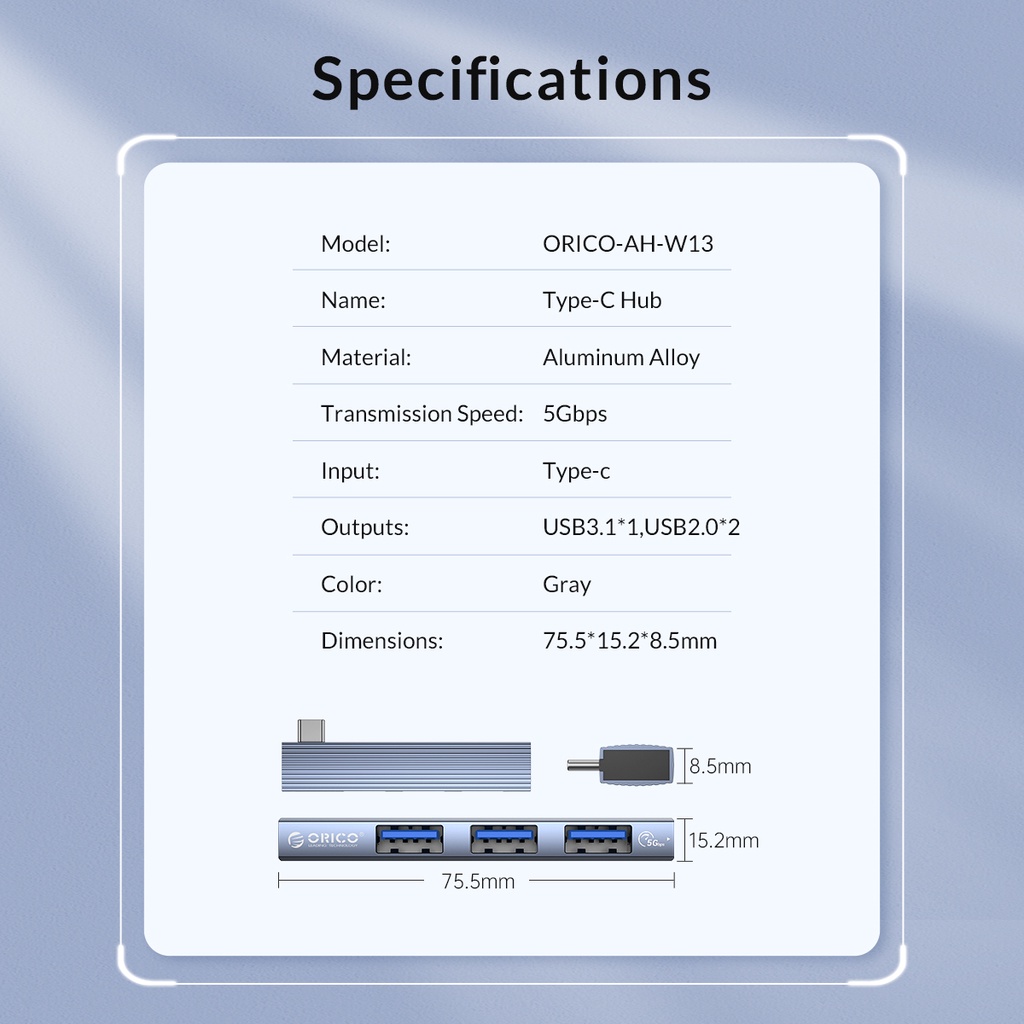 Bộ chia cổng ORICO AH-W13 Type C sang USB 3.1 3 trong 1 bằng nhôm thích hợp cho iPhone máy tính bảng