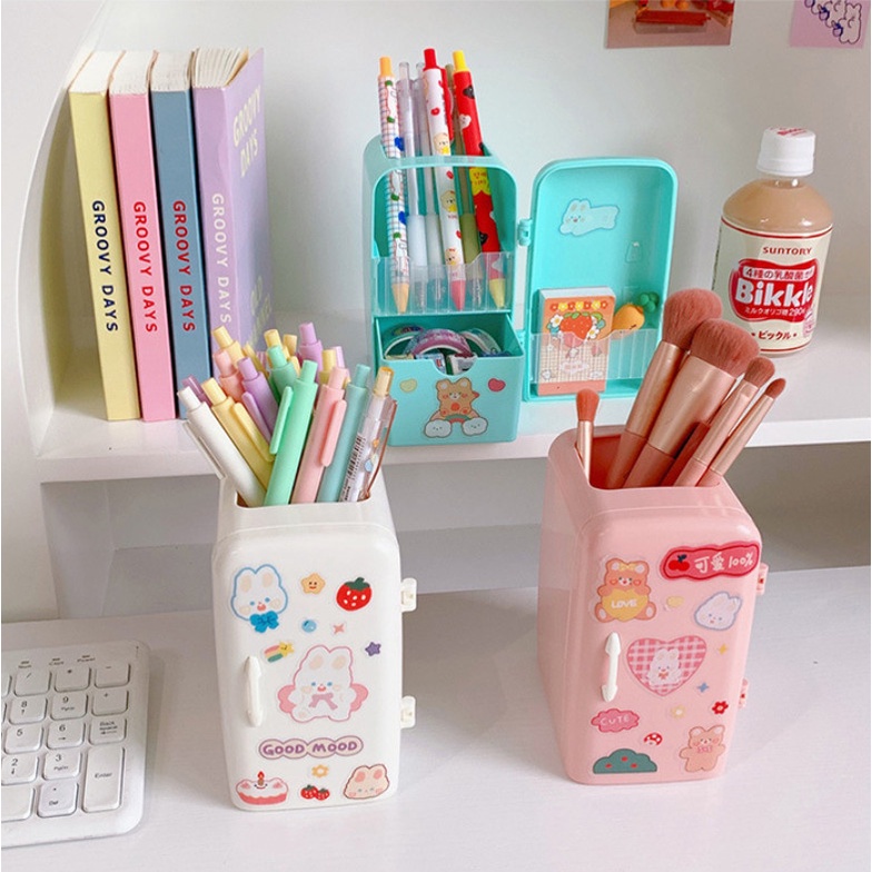 Khay hộp nhựa cắm bút, cọ trang điểm hình tủ lạnh mini để bàn văn phòng góc học tập phong cách Hàn Quốc xinh xắn