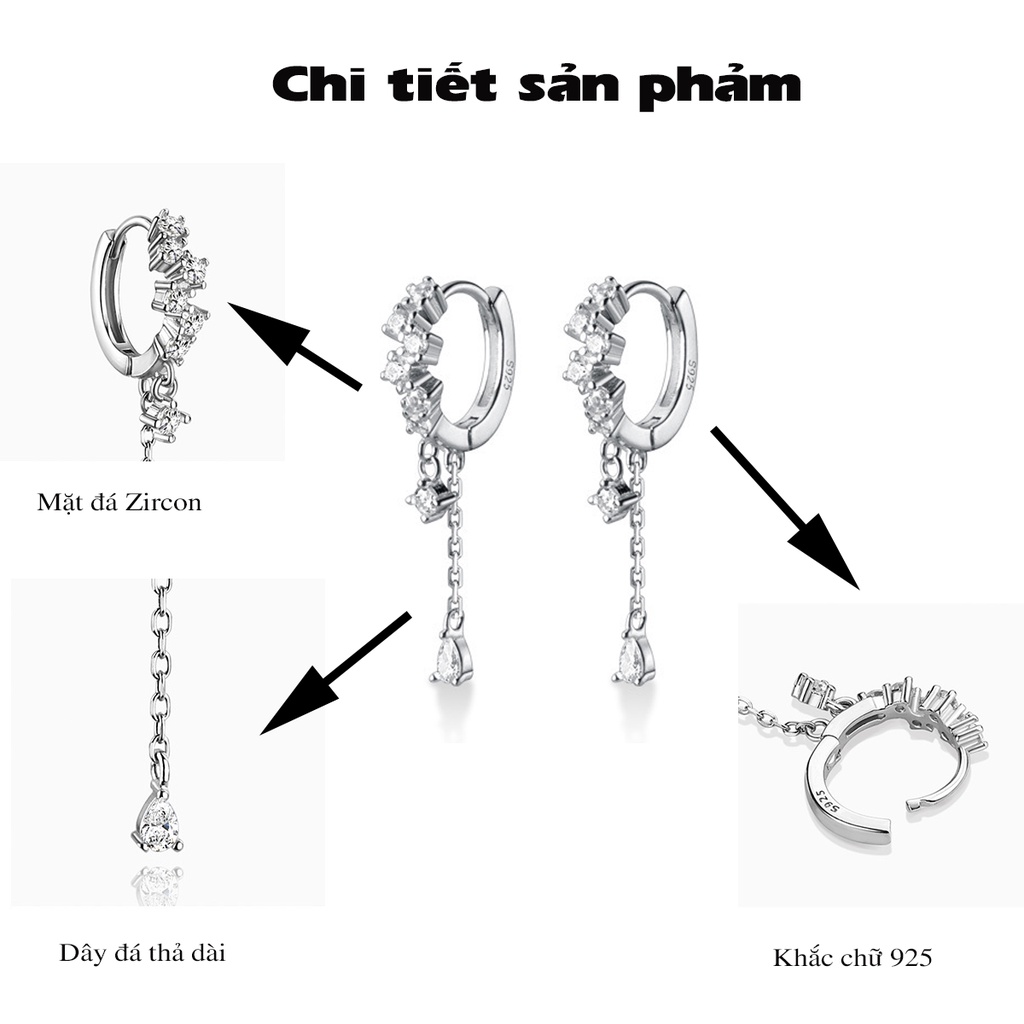 Khuyên tai nữ bạc 925 đá Zircon trắng thả dài G6765 - AROCH Jewelry