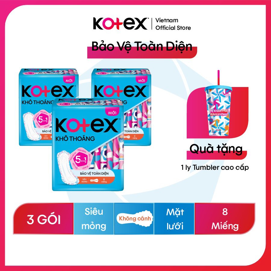 Combo 3 gói băng vệ sinh Kotex siêu mỏng không cánh,8miếng/gói Tặng ly Tumbler