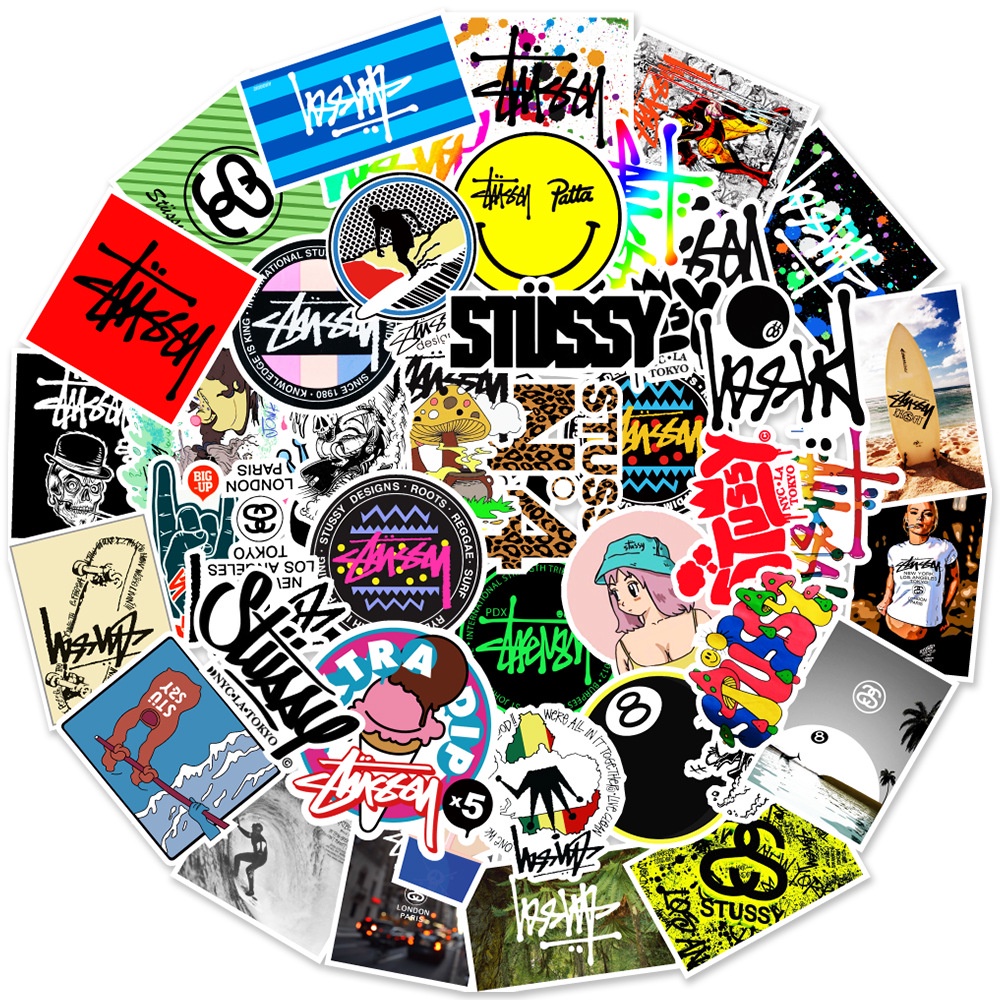Y&P| Hình Dán Chống Nước Stussy Thời Trang Đường Phố Mũ Bảo Hiểm Máy Tính Xách Tay Hành Lý Dán Thiết Lập, 50 tờ