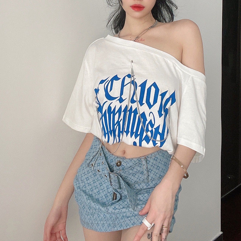 Áo thun tay ngắn trễ vai in hình thời trang hip hop 2021
