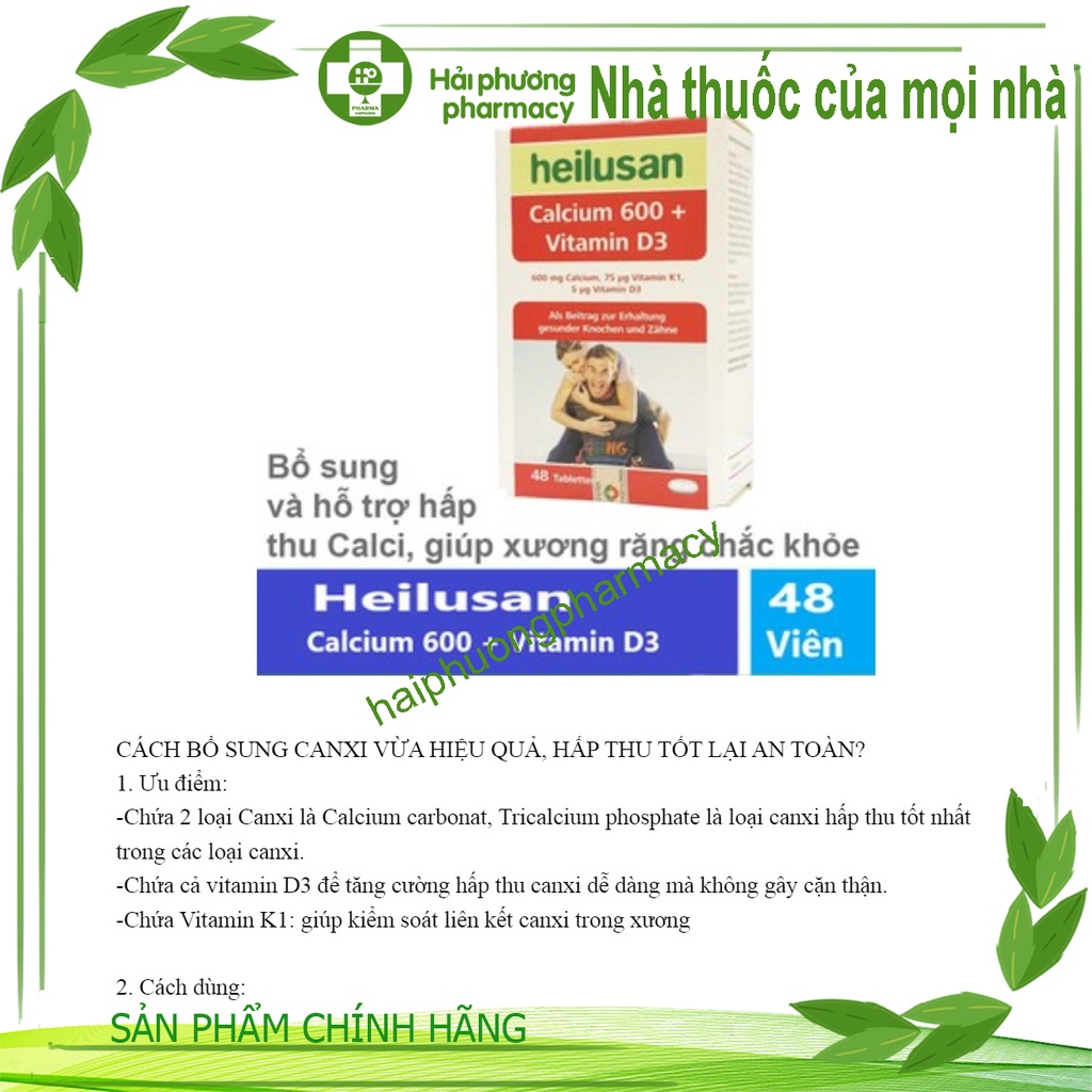 Heilusan Calcium 600 + Vitamin D3 Bổ sung và hỗ trợ hấp thu Calci giúp xương răng chắc khỏe Hộp 48 Viên