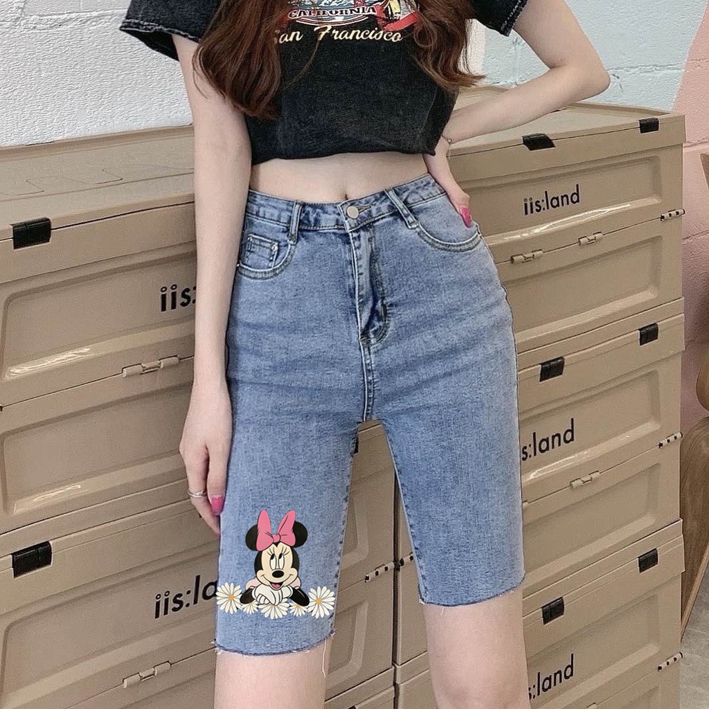 [60kg~90kg] Quần jean ngố / lửng BIGSIZE lưng cao, co dãn mạnh, trơn 3607 in hình mickey hoa cúc dễ thương