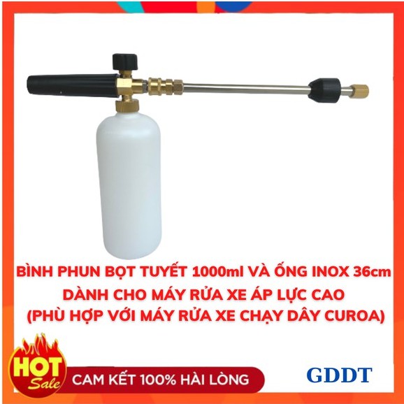 (Phù Hợp Với Máy Chạy Dây Curoa) Bình phun bọt tuyết 1000ml và ống inox dài 36cm dành cho máy rửa xe gia đình