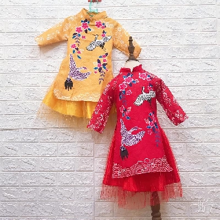 Xả hàng_Áo dài cách tân gấm vân hồng hạc cho bé gái XHN175.GÁI