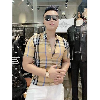Áo sơ mi nam lụa 3D sọc caro tay ngắn