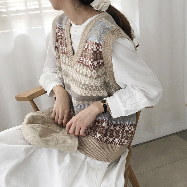 Áo Gile Vest Knitted Women's Sleeveless Korean Student V-neck Pullover Vest