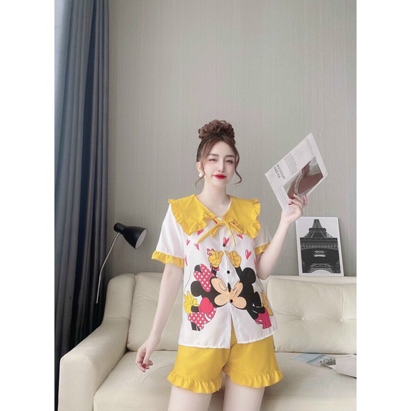 Set đồ bộ nữ cổ bèo nơ mặc nhà pijama vải lụa hàn mát mịn