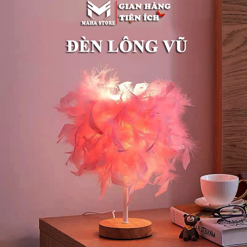 Đèn Ngủ Để Bàn -Lông Vũ Chân Gỗ Tự Nhiên đèn vintaghe trang trí phòng ngủ có công tắc giúp căn phòng trở lên lung linh