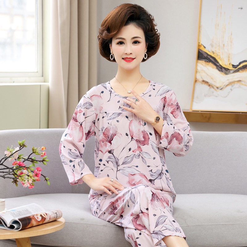 Đồ ngủ trung niên và già của phụ nữ cao tuổi cotton lụa dài tay dịch vụ tại nhà rayon hai mảnh phù hợp với mỏng | BigBuy360 - bigbuy360.vn