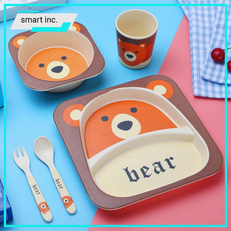 Bộ Tô Ăn Dặm Bằng Sợi Tre Houseware Kèm Khay Ly Cốc Thìa Dĩa Muỗng Đũa Hình Thú Bát Ăn Cho Bé Kiểu Nhật An Toàn