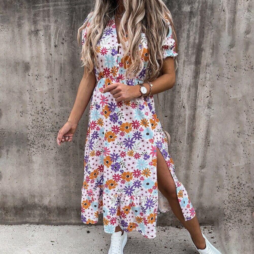 Đầm Tay Ngắn Cổ Chữ V Thời Trang Mùa Hè Cho Nữ