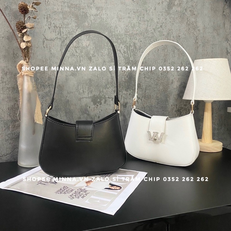Túi đeo chéo nữ, túi kẹp nách quai xách cầm tay logo chữ W đính đá sang chảnh size to có dây đeo chéo