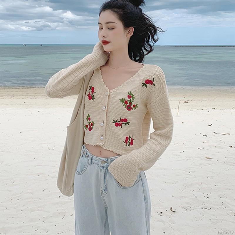 Áo khoác len cardigan thêu họa tiết phong cách retro xinh xắn thời trang cho nữ