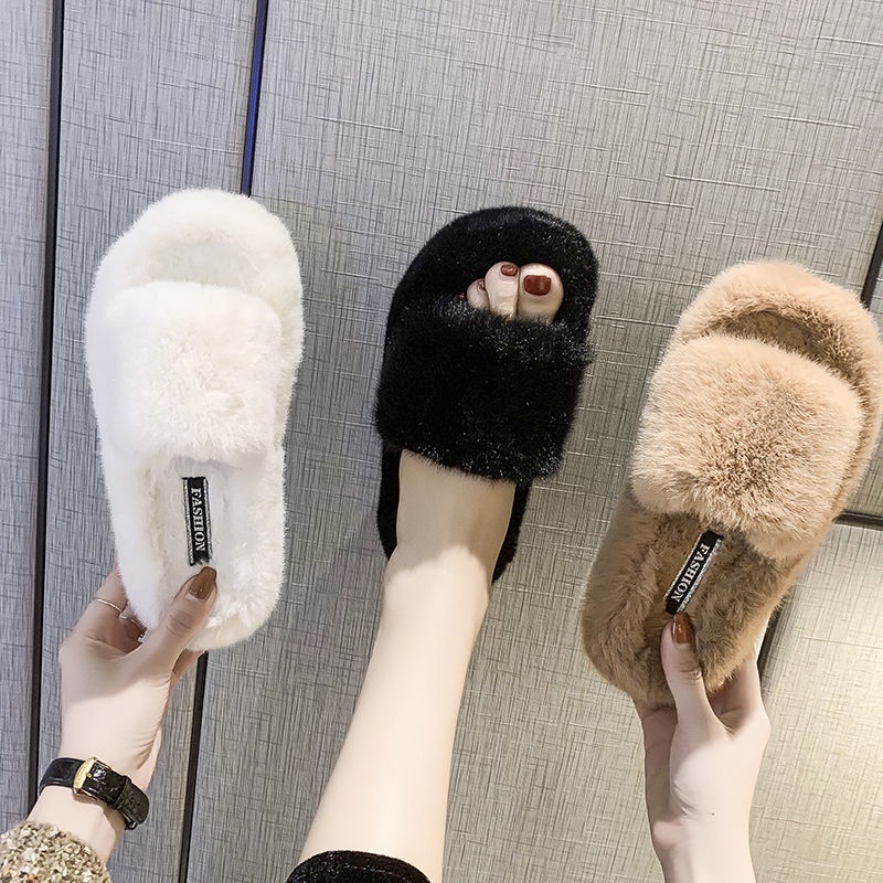 Dép Quai Ngang Phối Lông Xù Phong Cách Trẻ Trung Dành Cho Nữ