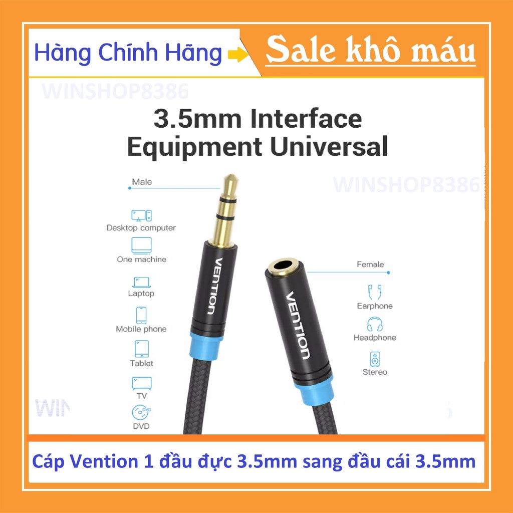 Dây cáp âm thanh Vention đầu đực 3.5mm sang đầu cái 3.5mm