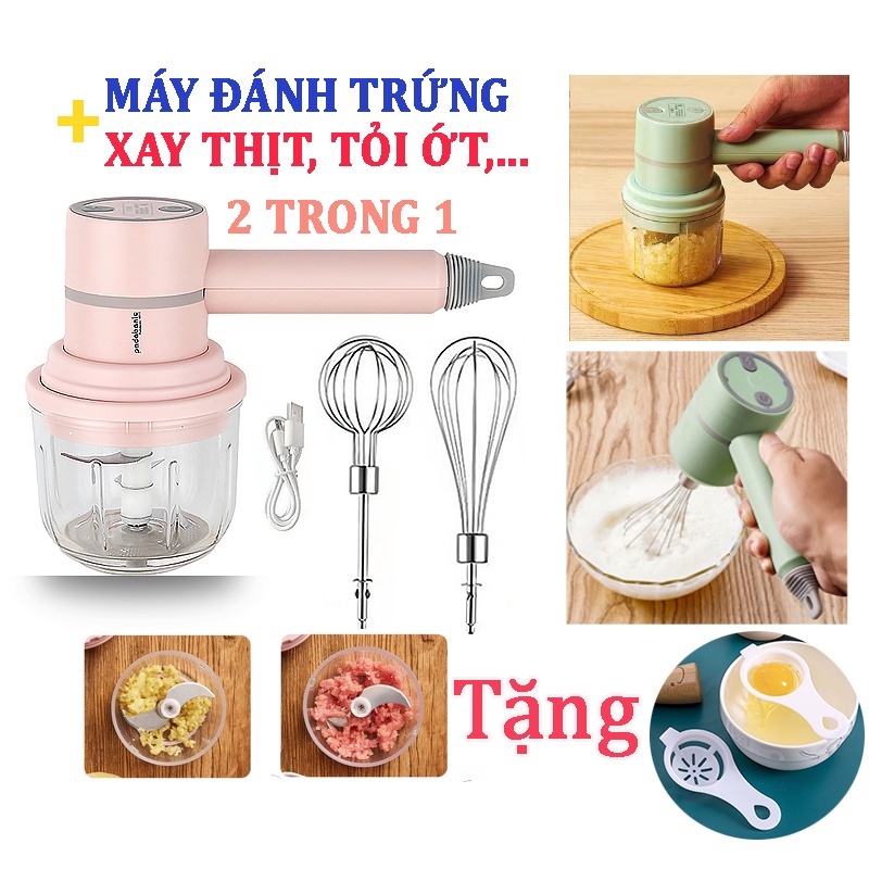 ⚡ Thế hệ mới ⚡ Máy Đánh Trứng Cầm Tay Mini Kiêm Máy Xay Thịt Đa Năng Sạc Tích Điện Xay Tỏi Ớt, Rau Củ Đa Năng