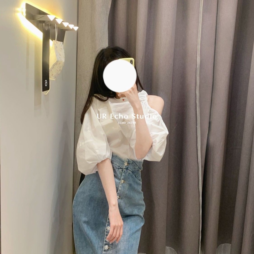 Áo Sơ Mi Tay Phồng Ngắn Hở Vai Dáng Rộng Màu Trắng Thời Trang Mùa Hè Phong Cách Hàn Quốc Mới Cho Nữ