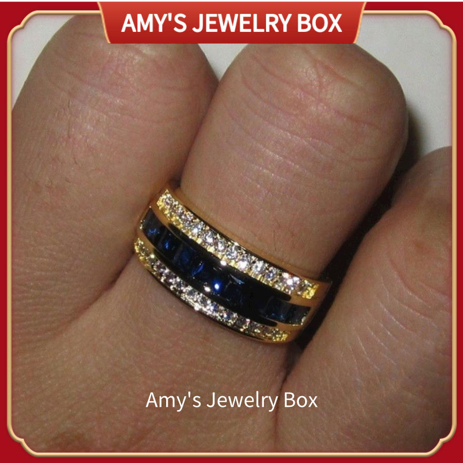 【Amy's Jewelry Box】Nhẫn Nam Nữ Kim Cương Chớp Vàng 18k Mạ Châu Âu và Mỹ. Nhẫn kim cương hình vuông đầy đủ kim cương Sapphire