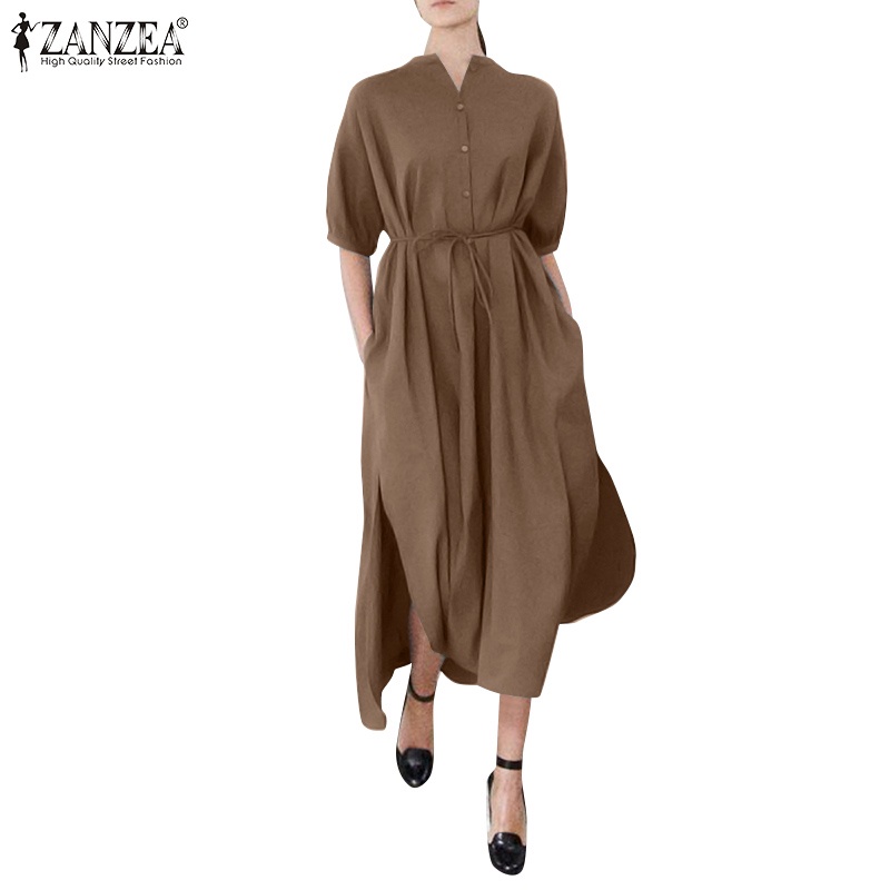 Đầm Zanzea dáng dài phối xẻ tà có nút cài thời trang cho nữ