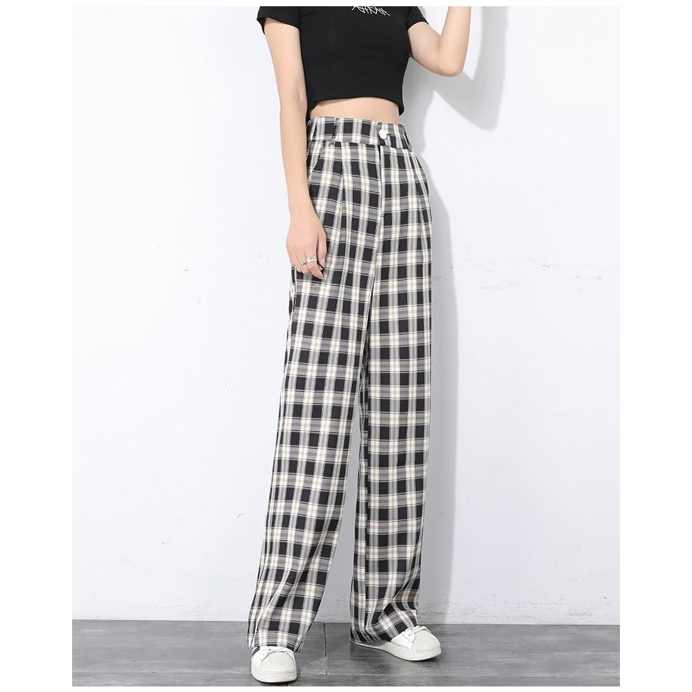 Quần Kẻ Nữ, Quần Caro Lưng Cao Dáng Rộng Ống Suông ulzzang