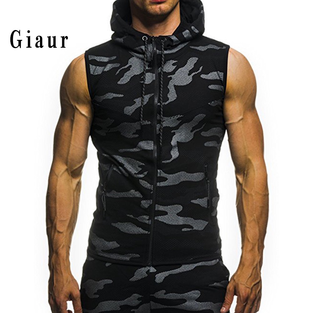 GIAUR  Summer Men Gym Fitness Camouflage Mesh Hoodies Zip Up Sleeveless Hooded Tank Top