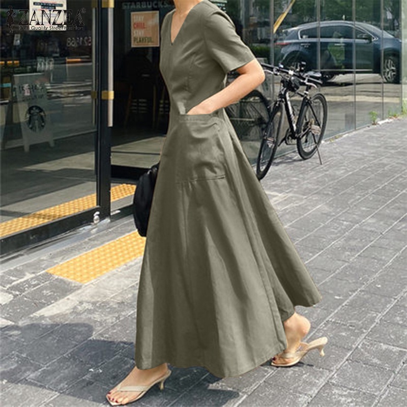 Đầm ZANZEA dáng dài ngắn tay cổ V dễ phối đồ thời trang thường ngày cho nữ