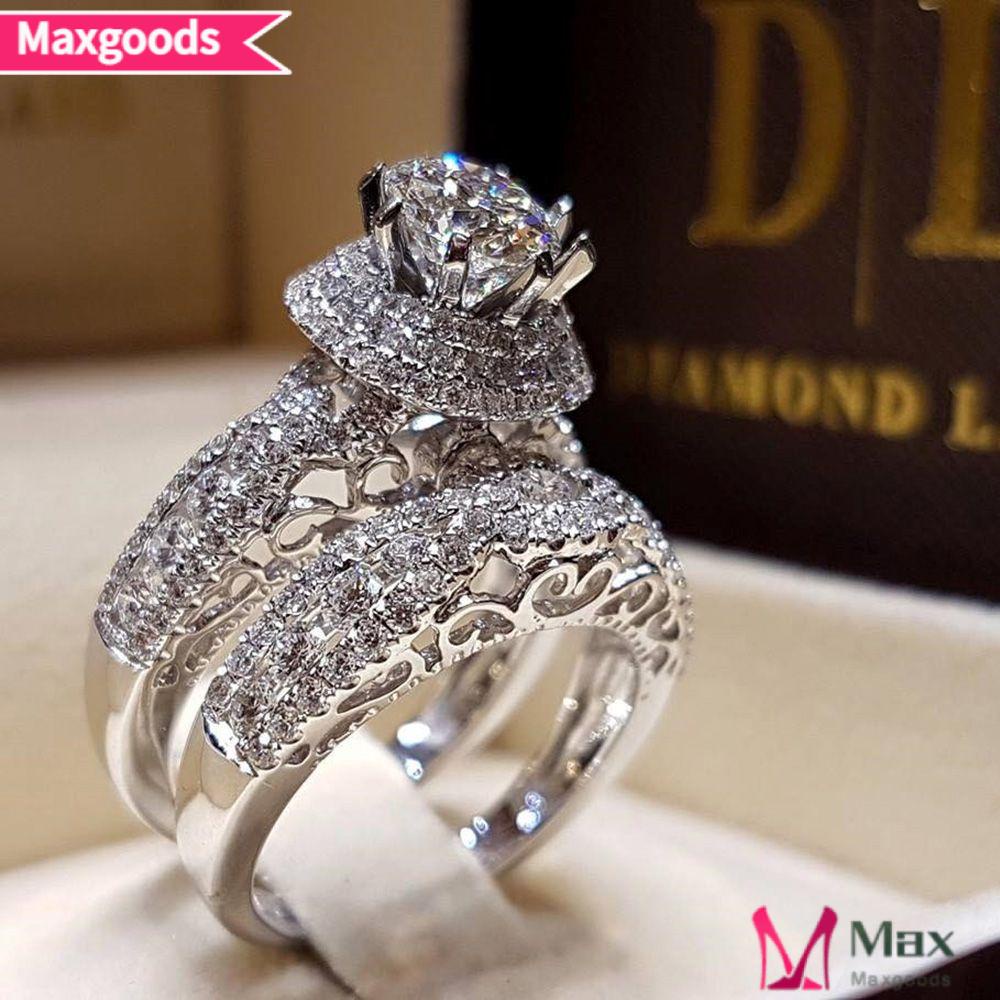 Bộ 2 Nhẫn Đính Kim Cương Nhân Tạo Hai Lớp Thời Trang Cho Nữ|Bộ Trang Sức Sang Trọng