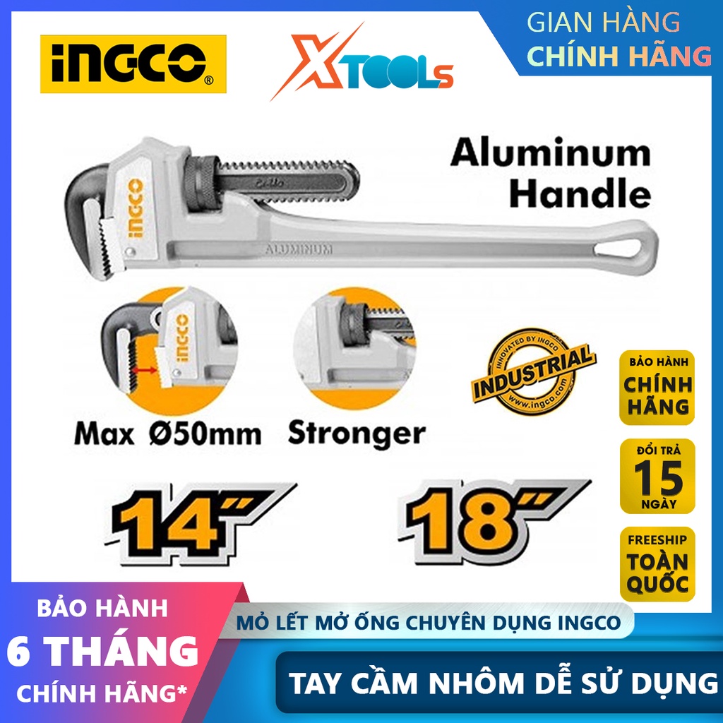 Mỏ lết mở ống chuyên dụng INGCO size 14-18&quot;(350-450mm) tay cầm nhôm, răng được rèn thép carbon [CHÍNH HÃNG][XTOOLS]