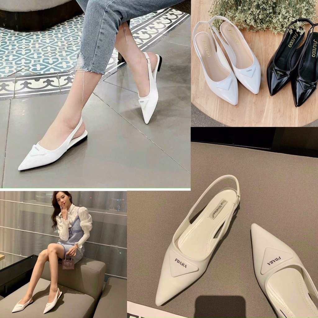sandal nữ mũi nhọn- sục nữ praada mũi nhọn phối kiểu gót 1,5cm