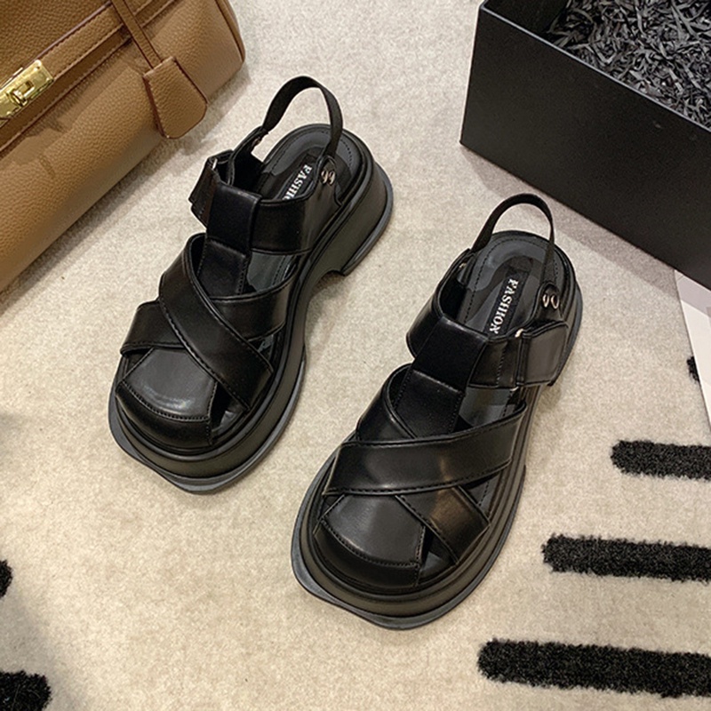 Giày sandal đế dày IELGY mũi tròn màu sắc retro thời trang dành cho nữ