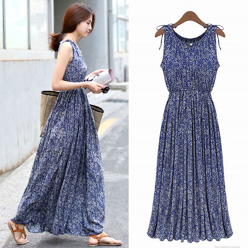 FREESHIP ĐƠN 99K_ Đầm dài xanh in hoa kiểu retro