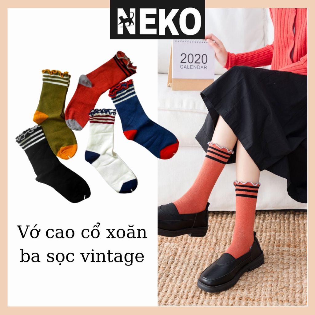 Vớ cao cổ xoăn, tất cổ cao ba sọc vintage ulzzang nhiều màu NEKO