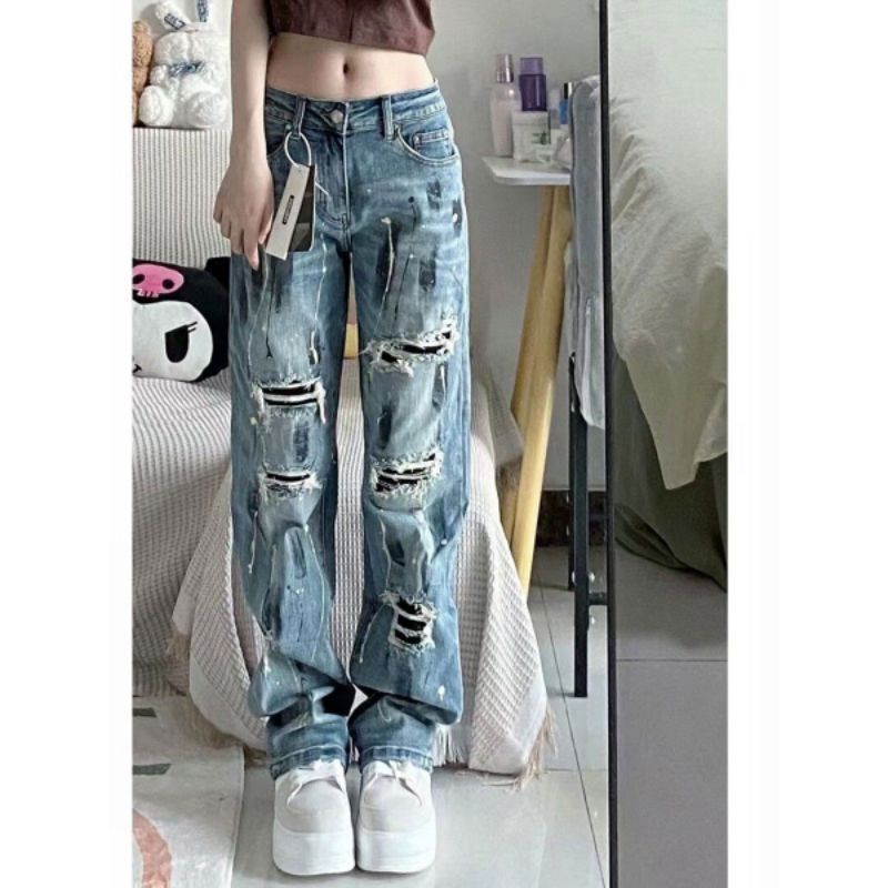 QUẦN JEANS RÁCH ỐNG XUÔNG HOẠ TIẾT VẨY SƠN CÁ TÍNH