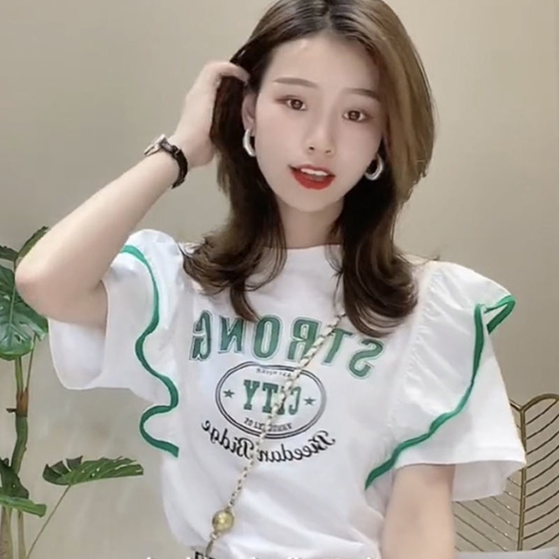 Áo Thun Cotton Tay Ngắn Phối Bèo In Chữ Thời Trang Cho Nữ