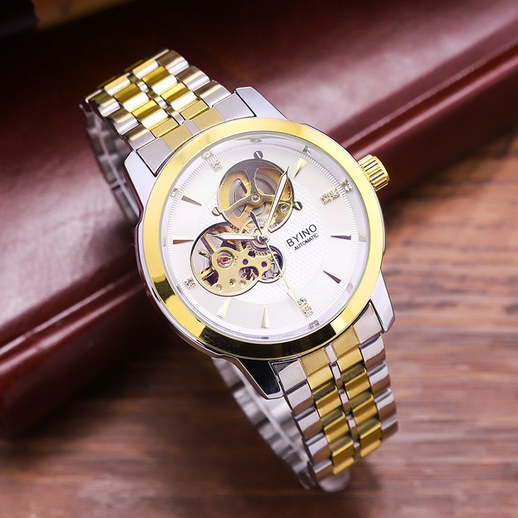 Đồng hồ cơ nam Byino 8885 dây thép không gỉ cơ lộ thiên