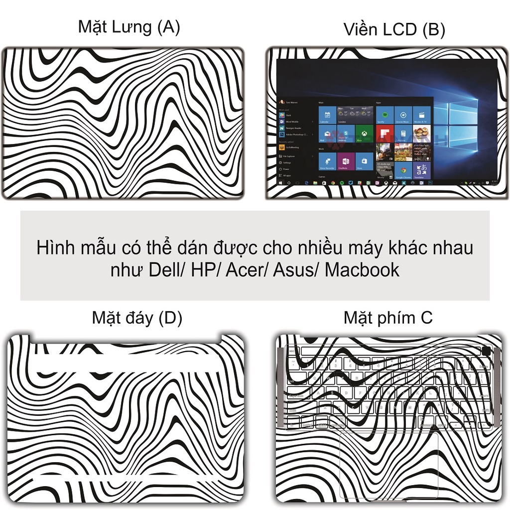 Miếng Dán Laptop - Mẫu hình vân sọc trắng đen - Dán cho Dell, Hp, Asus, Lenovo, Acer, MSI, Surface,Vaio, Macbook