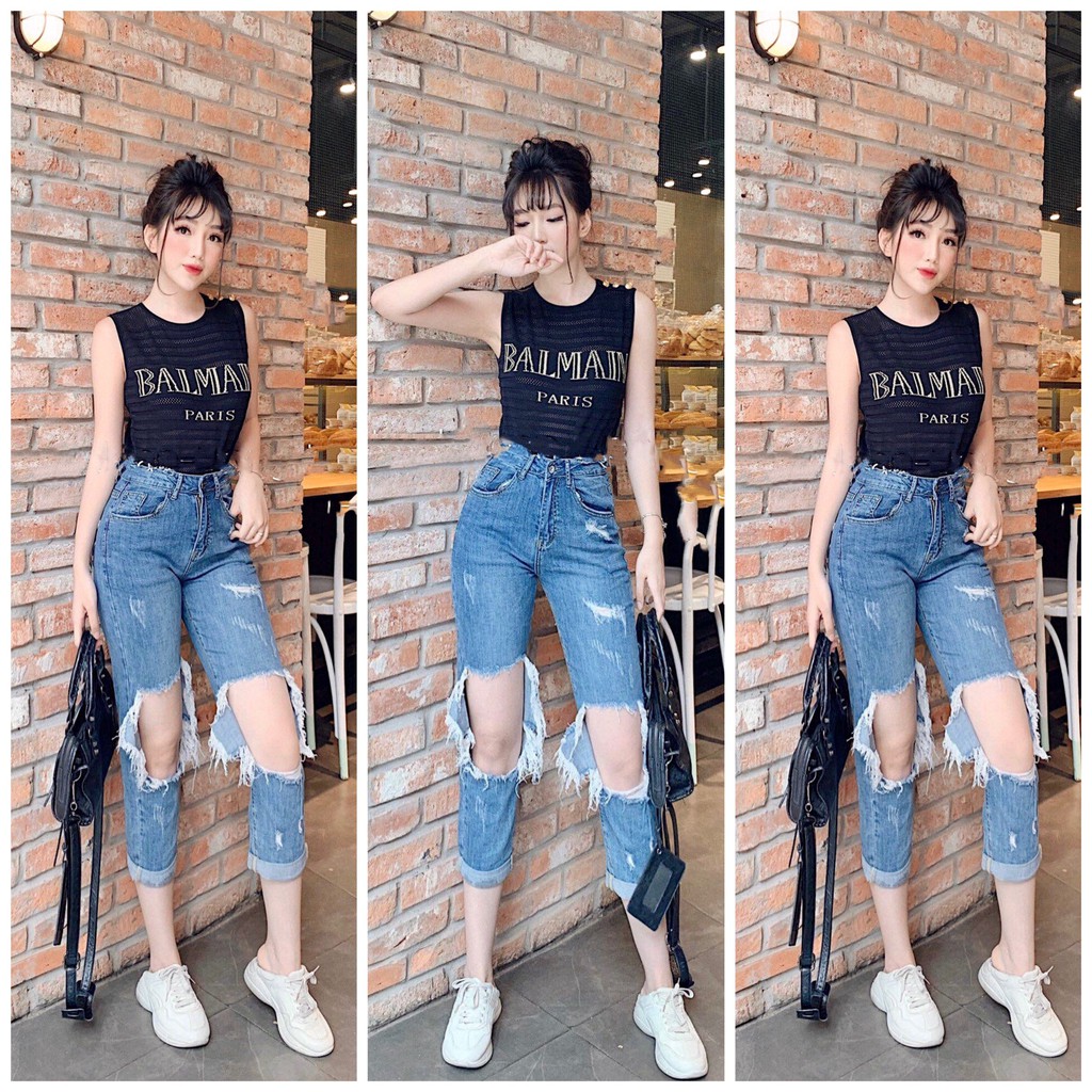 [Size 50kg~90kg] Quần jean dài BIG SIZE rách lủng gối to, bụi bặm, màu xanh nhạt, tua lai, co dãn mạnh 3102