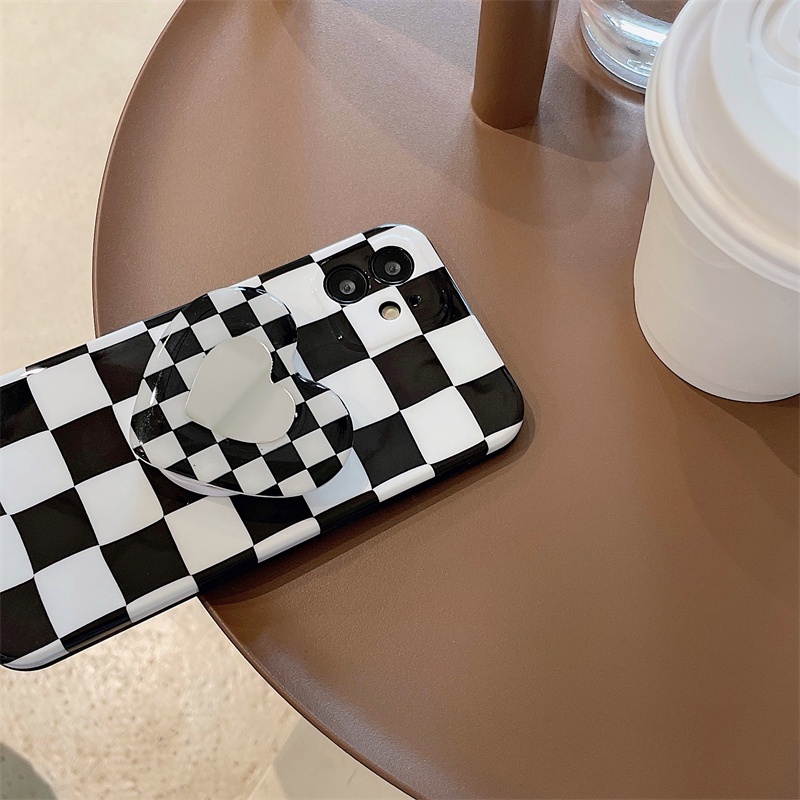 Ốp điện thoại TPU mềm kẻ sọc caro trắng đen có giá đỡ gương hình trái tim cho iPhone 12ProMax 12Pro 12 Max 11Pro 11 XS Max XR XS X 7Plus