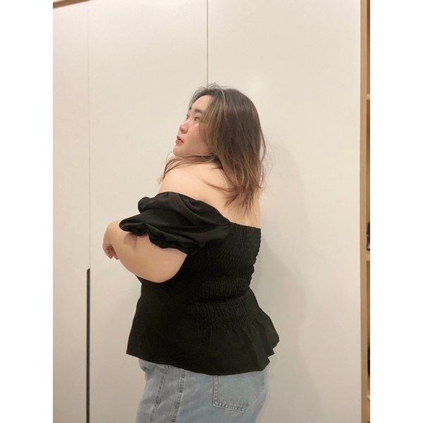 Áo Peplum Xốp Dập Tay Phồng Trễ Vai, Áo kiểu bigsize cổ vuông tay phồng dáng peplum hack dáng