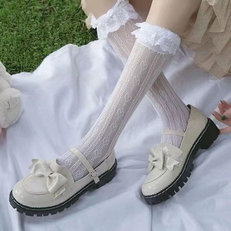 Black White Lace Heart Stockings High Middle Tube Thigh Over Knee Socks Female Love Lace Japanese College Style Ultra-thin Sexy