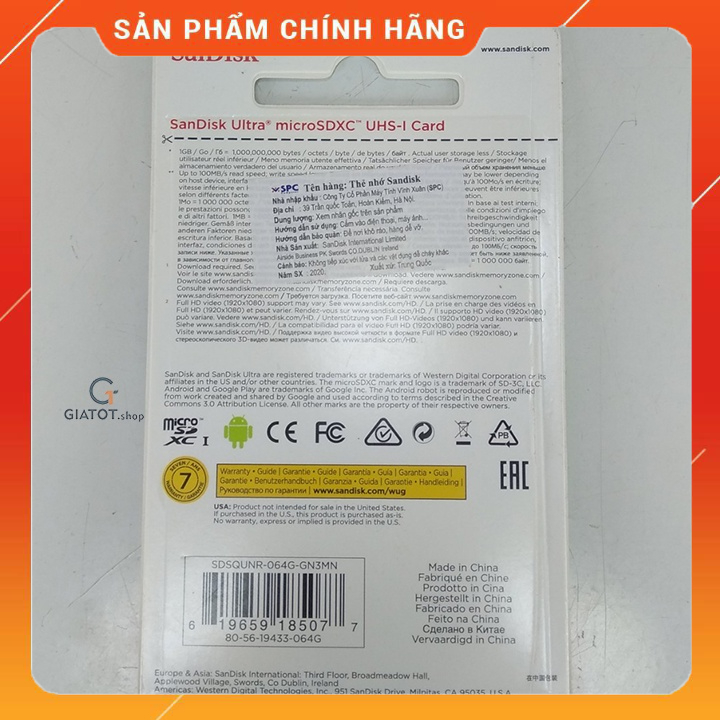 Thẻ Nhớ MicroSD SanDisk Ultra 64GB 100MB/s - Hàng Chính Hãng