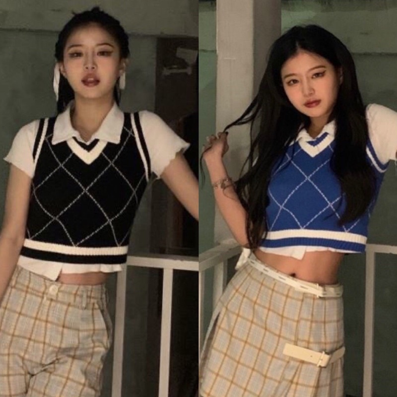 Áo Gile Len Cộc Tay Dáng Croptop Form Ôm Kẻ Vuông Nữ