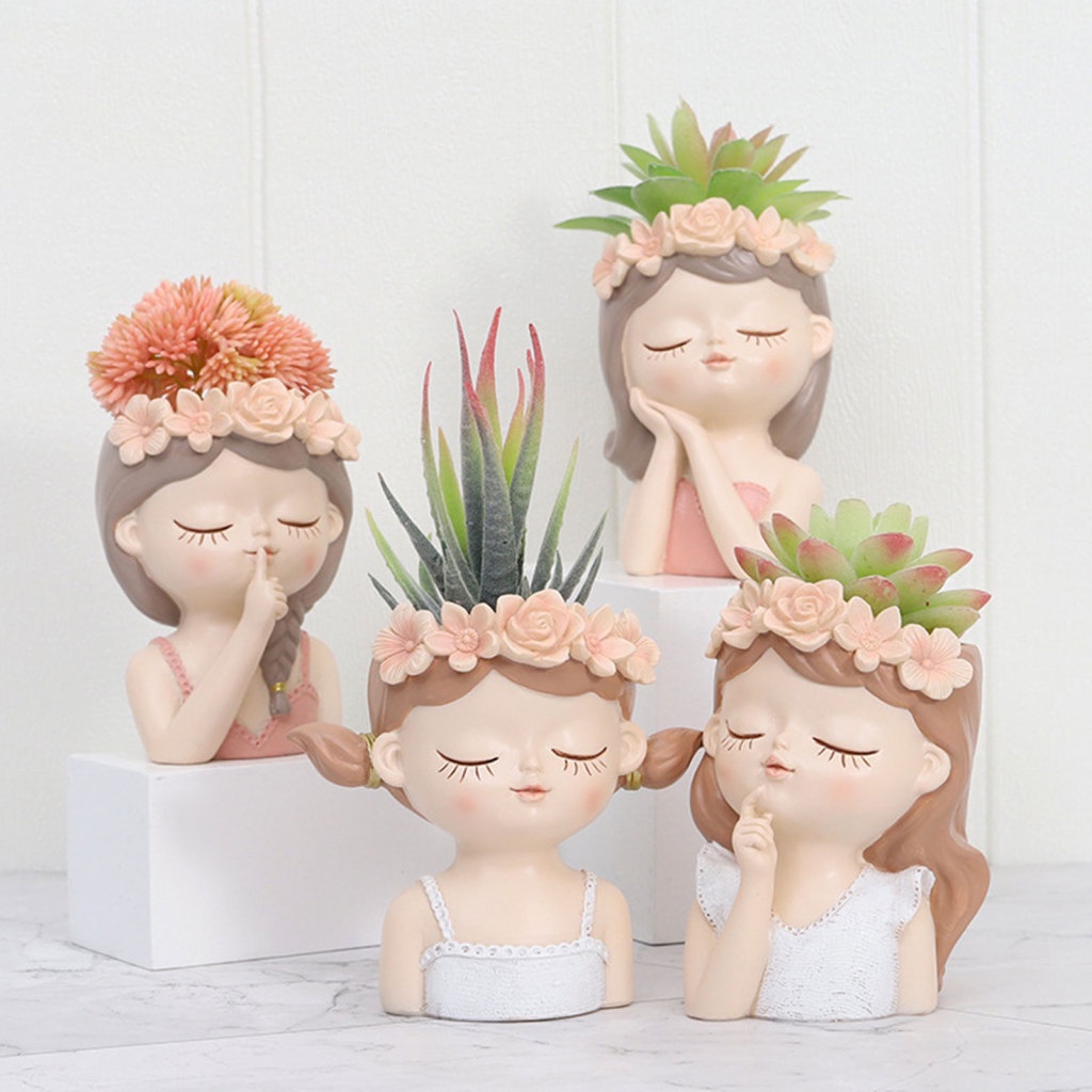 Chậu Hoa Để Bàn Bằng Nhựa Resin Hình Đầu Người Hoạt Hình Dễ Thương