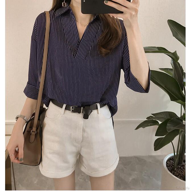 Áo sơ mi suông cổ chữ V kẻ sọc thời trang cho nữ
