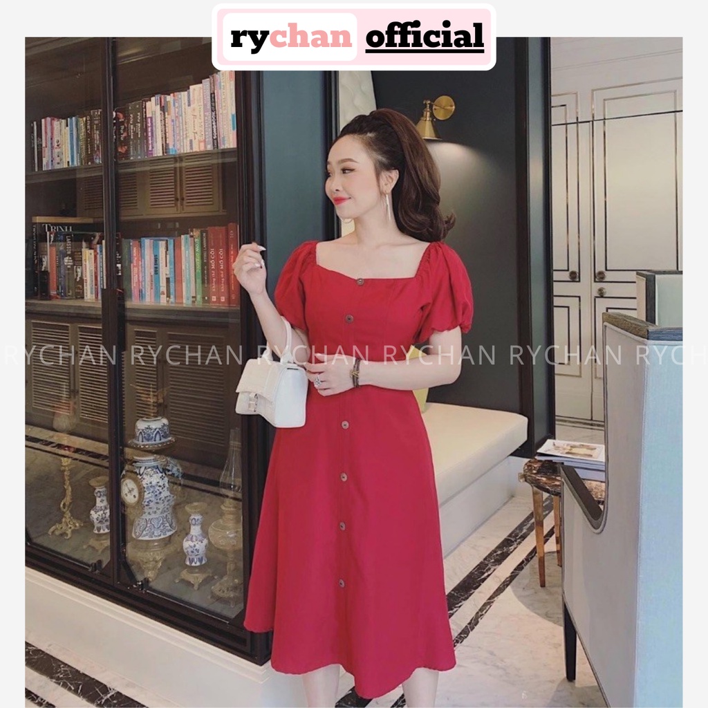 Đầm Nữ Dự Tiệc Dáng Ngắn Cổ Vuông Tay Bo Nút Trước Màu Đỏ [ẢNH THẬT CUỐI] -  DX9744
