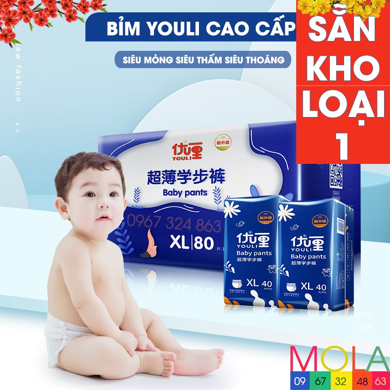 Bỉm Quần/Dán YOULI BABY PANTS đủ size S28, S56, S112, M22, M44, M88, L21, L42, L84, XL20, XL40, XL80, XXL72, XXXL68